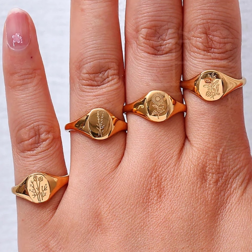 18K Gold Engraving Sunflower Ring, cute Ring, shiny Ring.